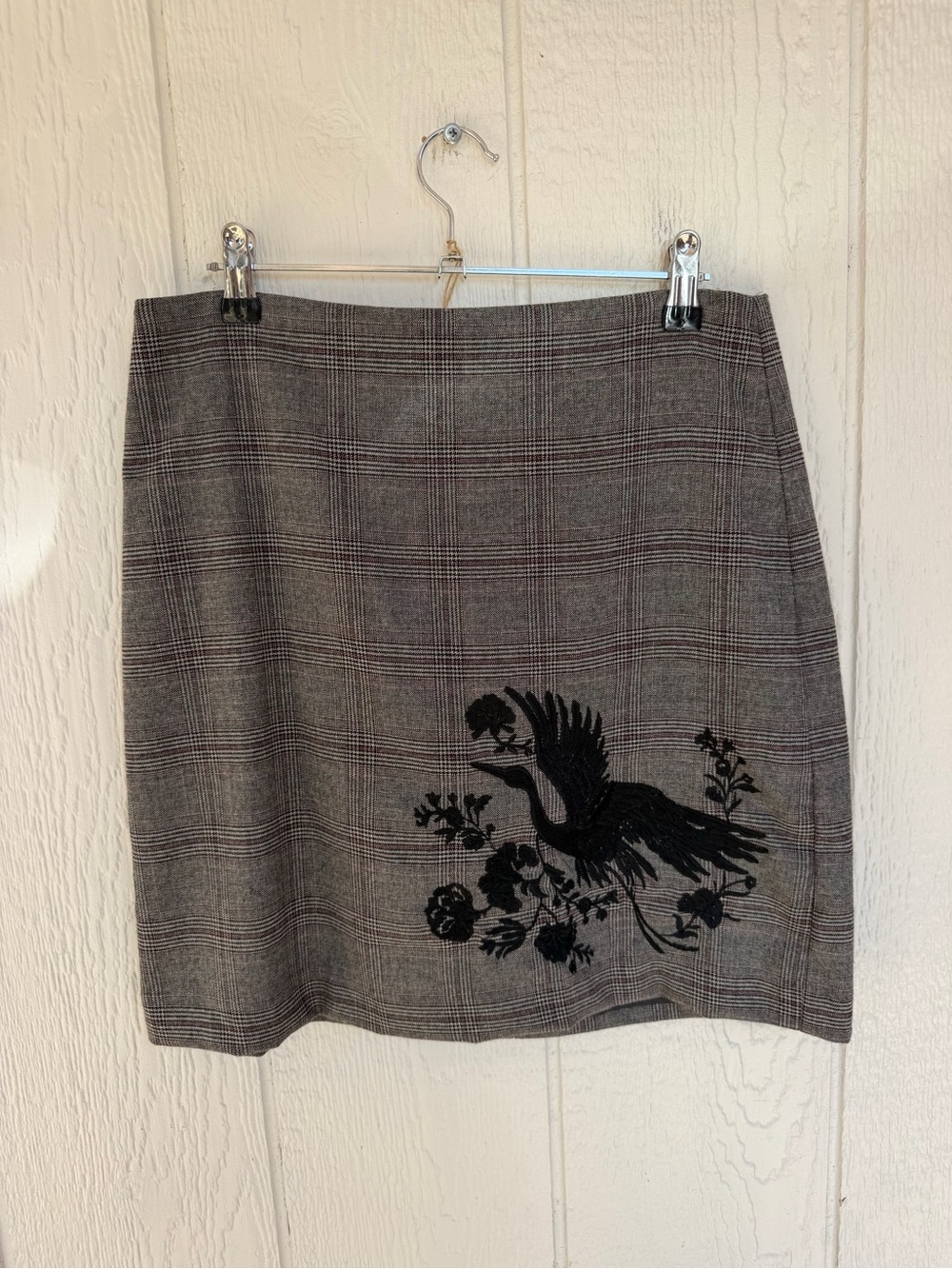 Loft Gray Plaid Skirt with Black Embroidered Crane
